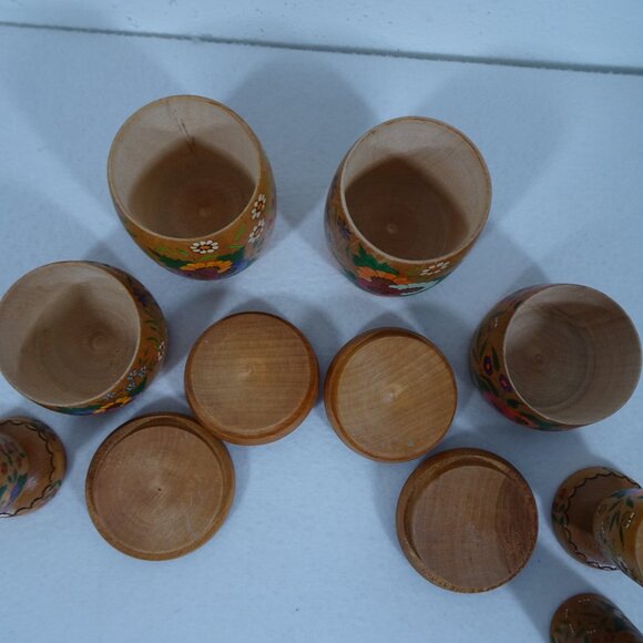 Vintage Wooden Folk Art Spice Containers Egg Cups Toothpick Holder Hand Painted - Picture 9 of 16
